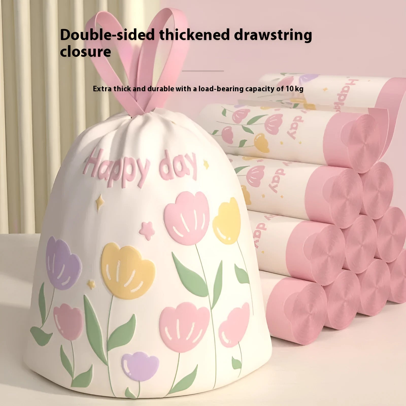 Pink degradable argy wormwood mosquito repellent garbage bags with drawstring, 44cm by 48cm