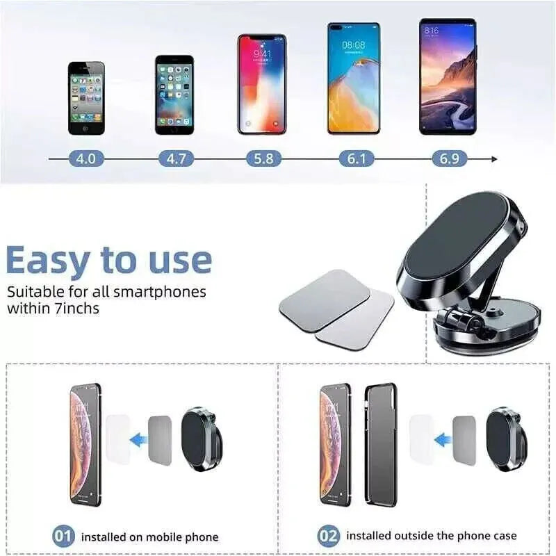 Chrome alloy folding magnetic car phone holder showing extended and folded positions on dashboard