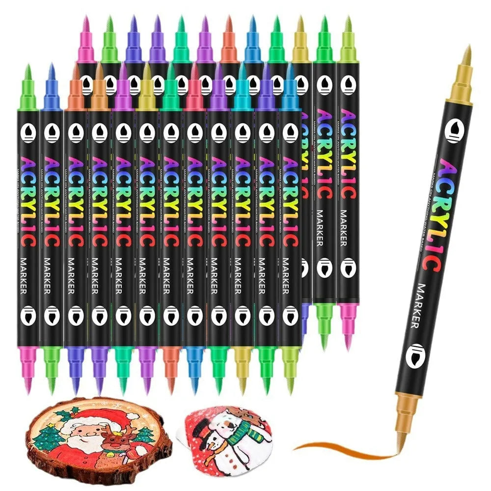 Set of double-headed washable acrylic marker pens with fine and broad tips in multiple colours