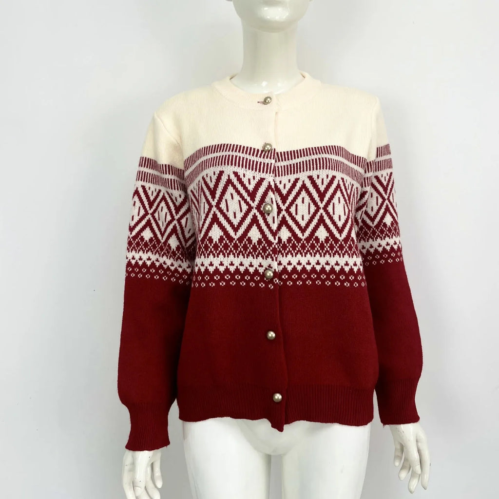 Women's grey alpaca wool cardigan with pink diamond pattern long sleeves