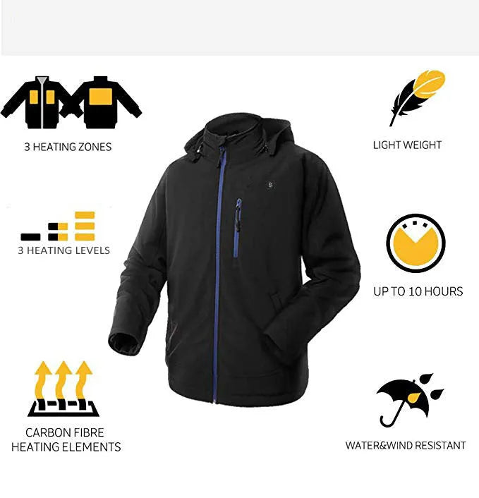 Black men's waterproof winter coat with USB heating port on chest and straight hem.