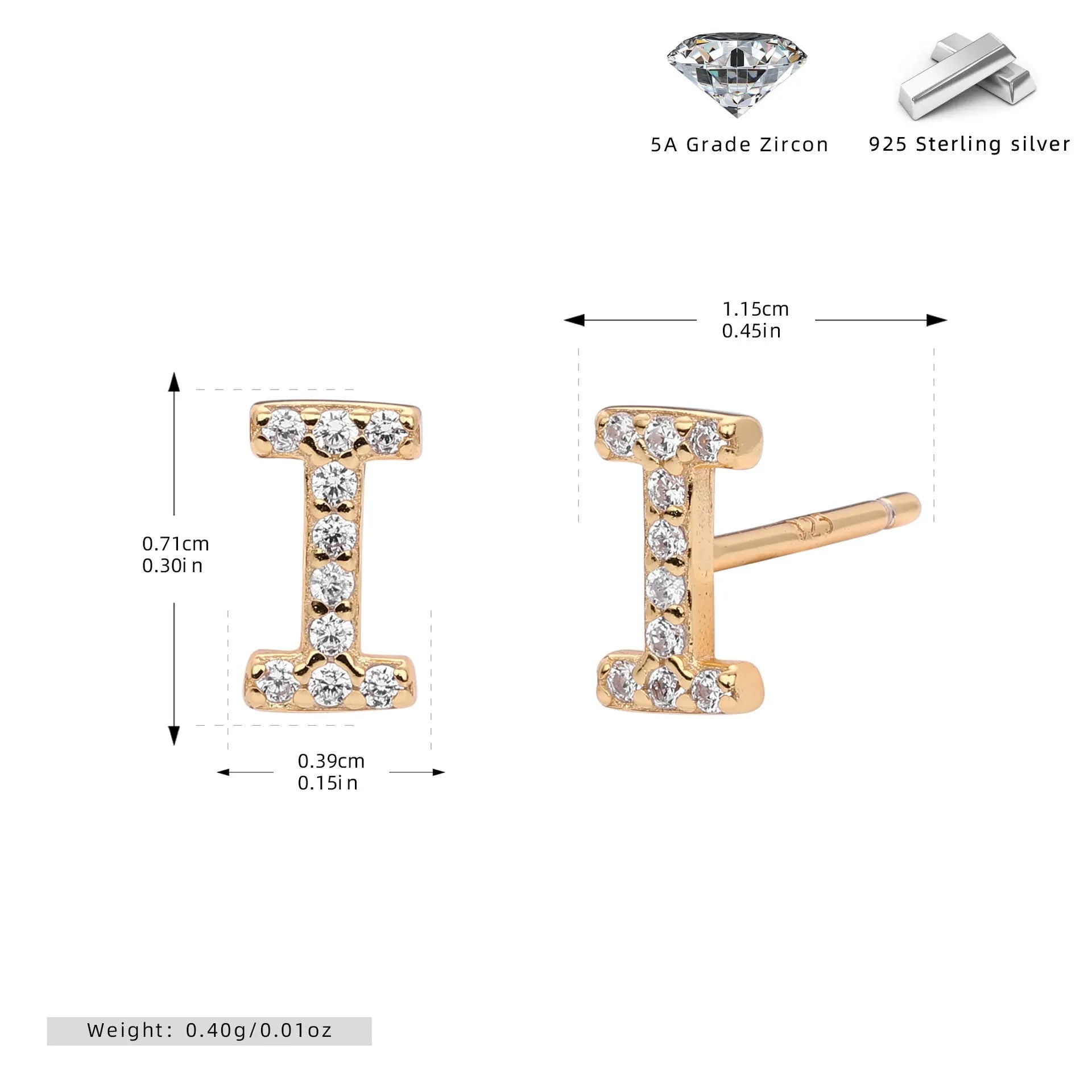925 silver letter ear stud with electroplated gold finish, alphabet motif