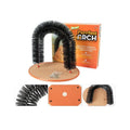 Arched cat grooming toy with built-in brush bristles for scratching and rubbing