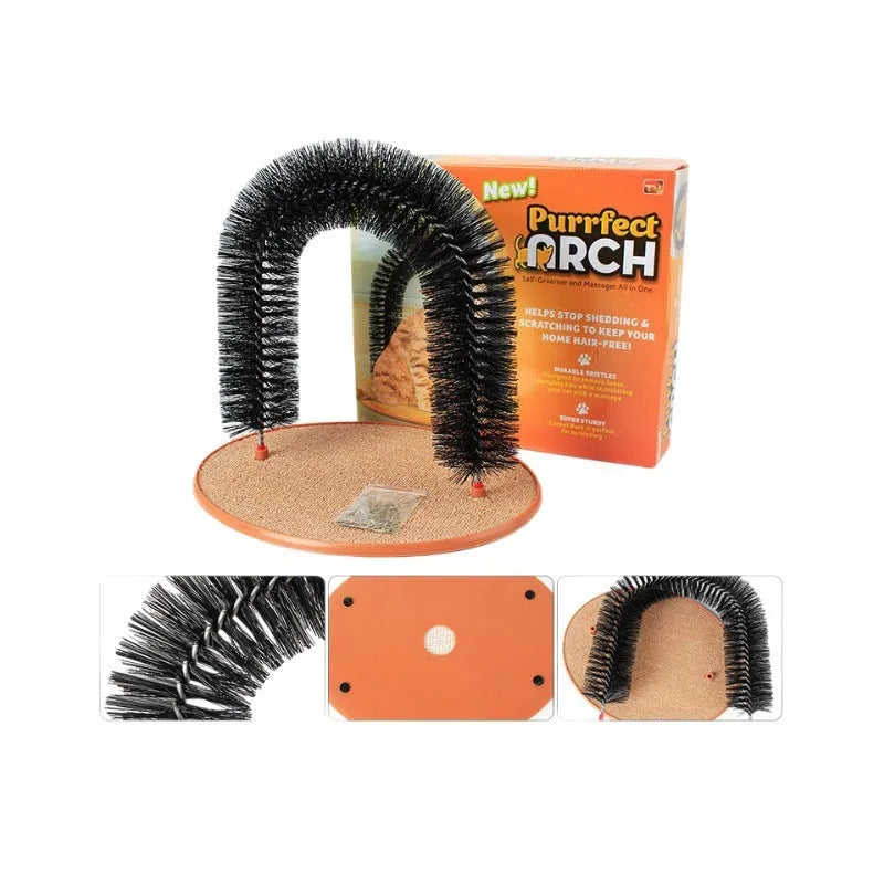 Arched cat grooming toy with built-in brush bristles for scratching and rubbing