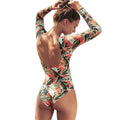 Women's backless one-piece swimsuit with leaf floral pattern in polyester fabric