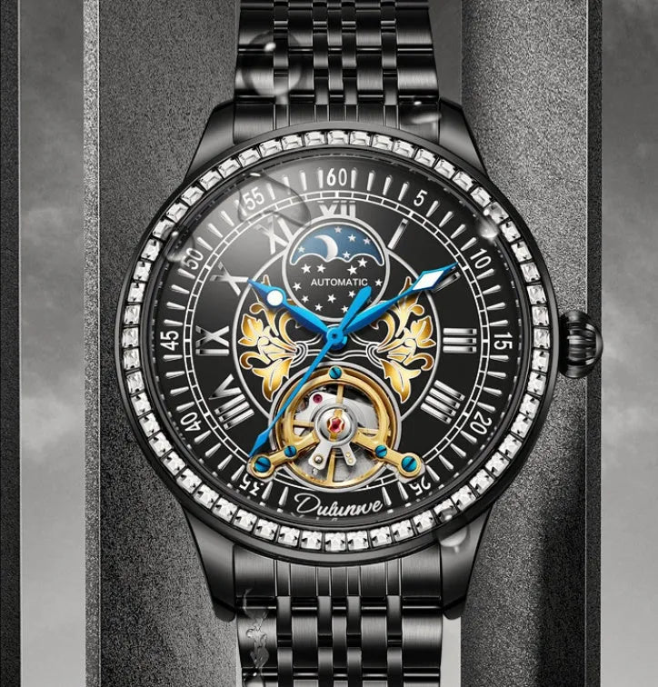 Men's waterproof mechanical watch with stainless steel strap and round dial showing six colour options