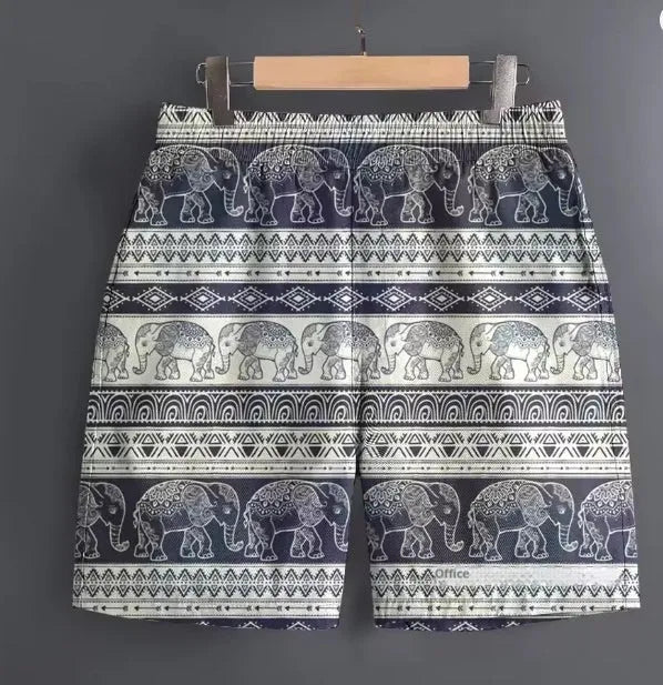 Men's polyester casual shorts in camouflage pattern on a mannequin, showing side pocket and elasticated waist.