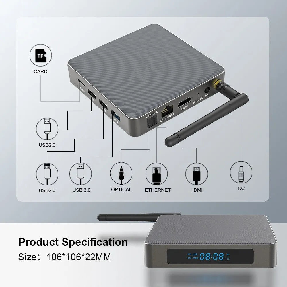 Black Android 8K set-top box with remote control, HDMI cable, and UK plug on a wooden surface.