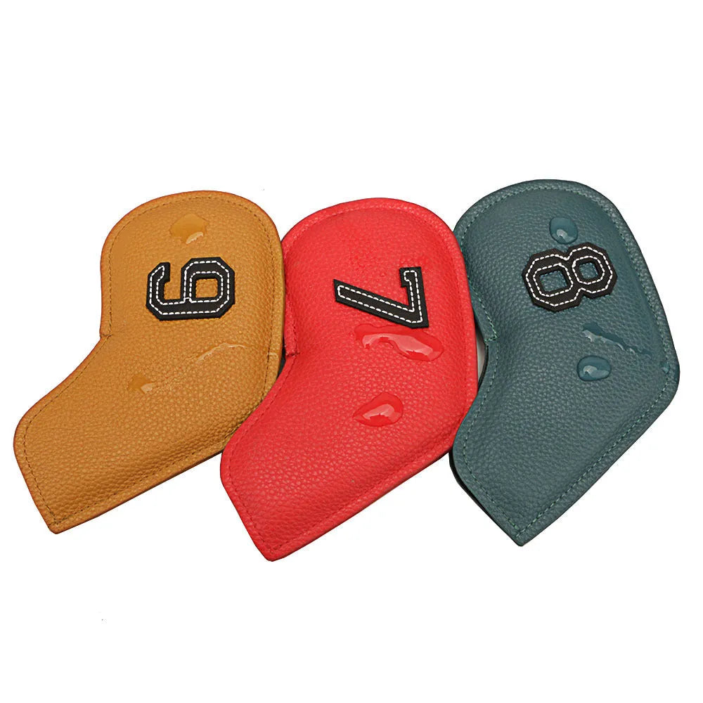 Set of 10 minimally digitally printed PU golf club head covers in assorted colours
