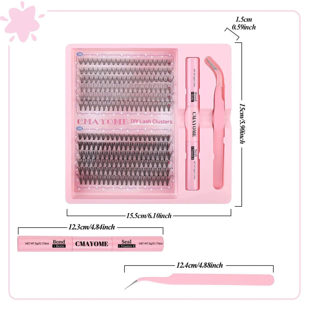 DIY single cluster false eyelashes with artificial fibre construction and applicator tools for custom placement