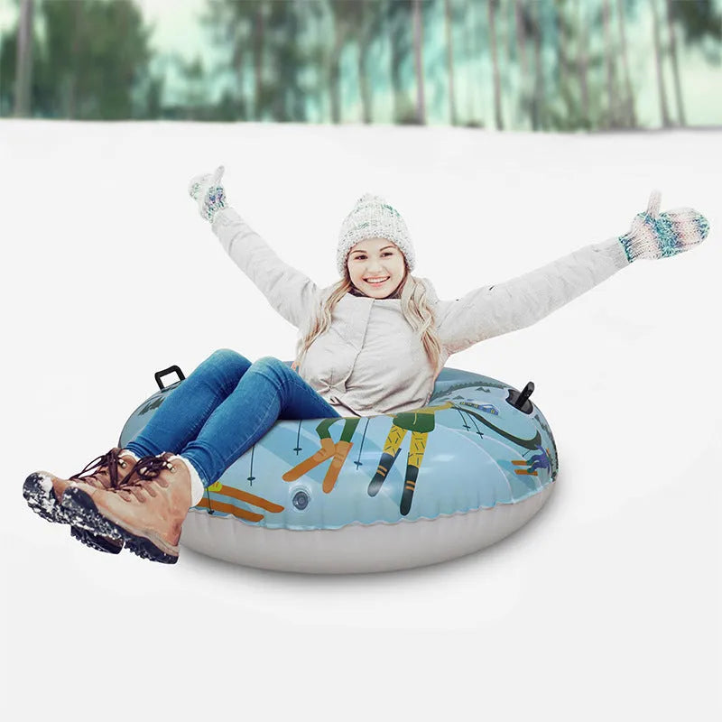 PVC skiing ring toy in red, blue, or mountain print design for outdoor winter games.