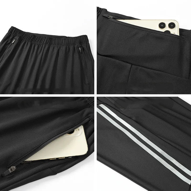 Men's black running trousers with mid waist design and polyester construction