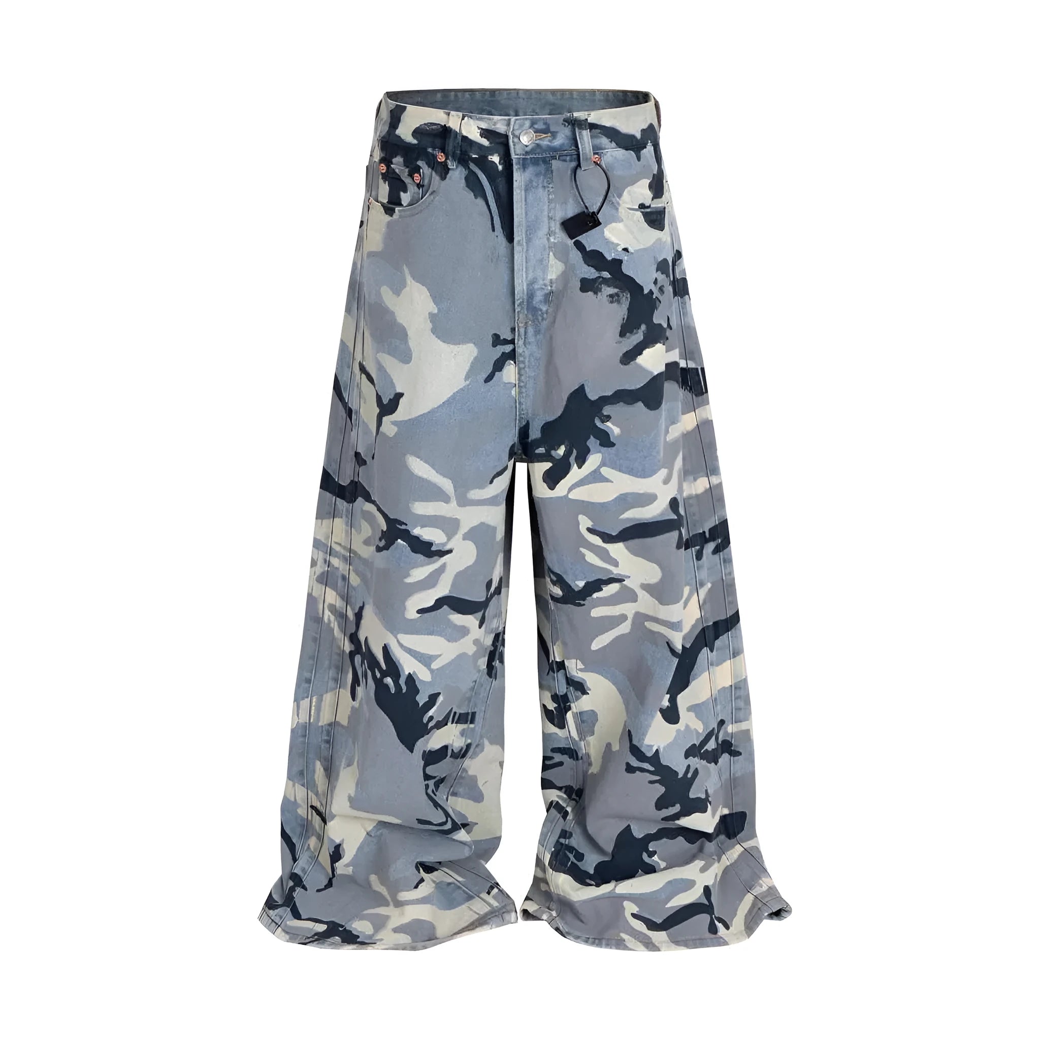 Snow camouflage blue loose fit jeans with mid waist design in cotton elastic denim fabric