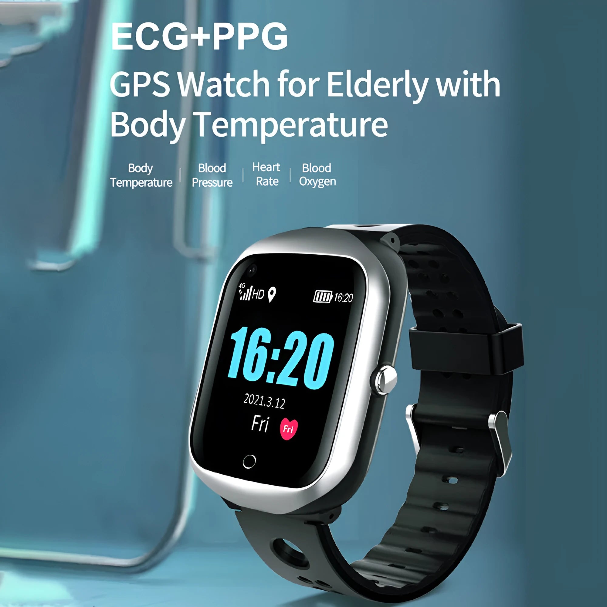 Black elderly smartwatch with square 1.3-inch screen and silicone strap for GPS safety tracking.
