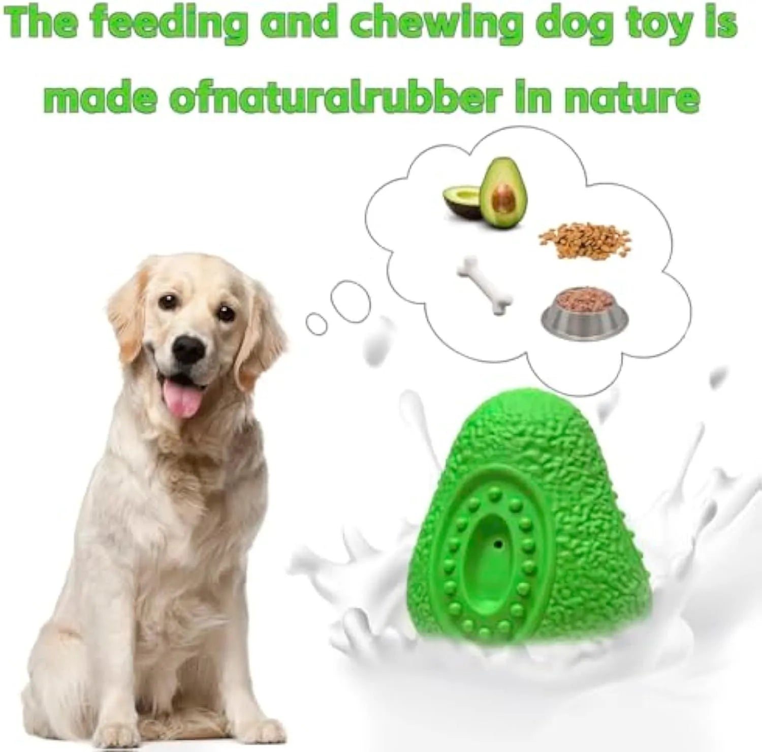 Green avocado-shaped natural rubber dog chew toy with textured surface for aggressive chewers