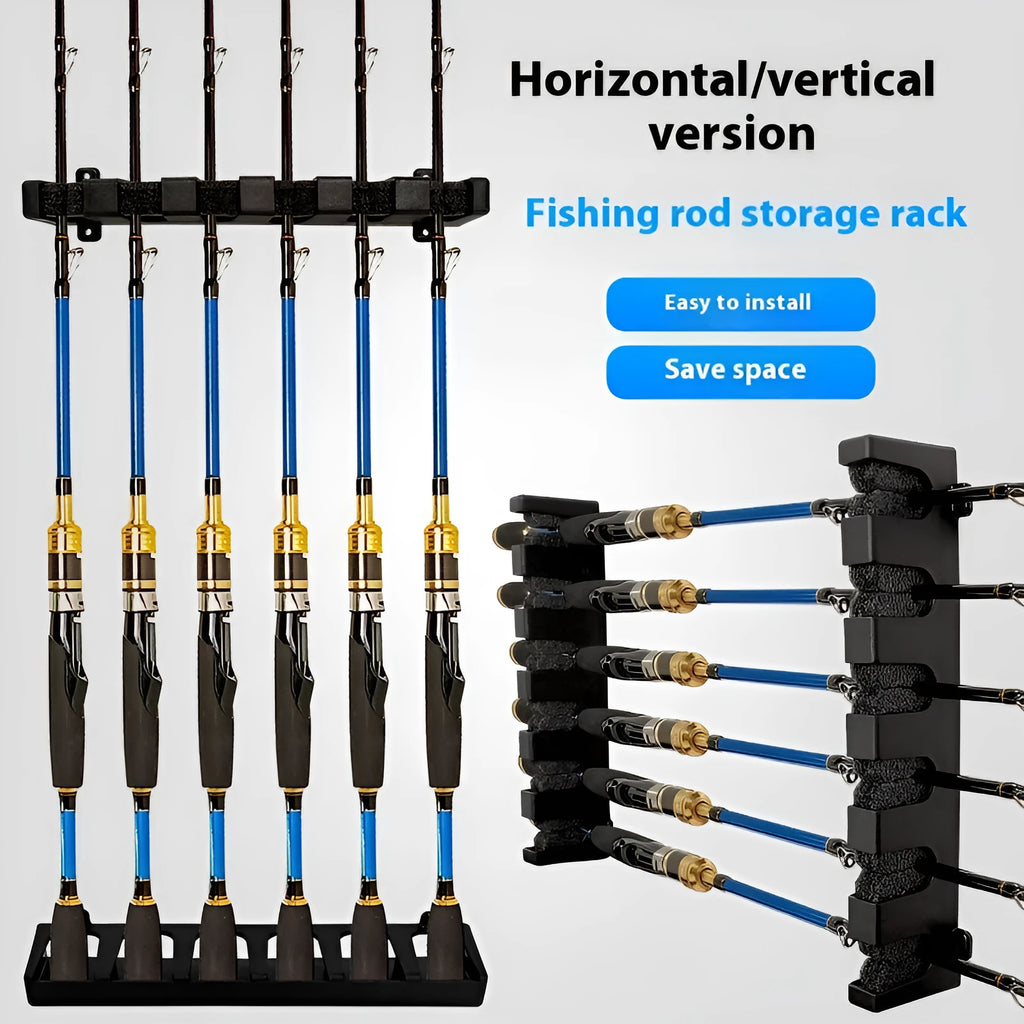 Black wall-mounted fishing rod holder stand in ABS plastic with self-tapping screws for upright or horizontal rod storage