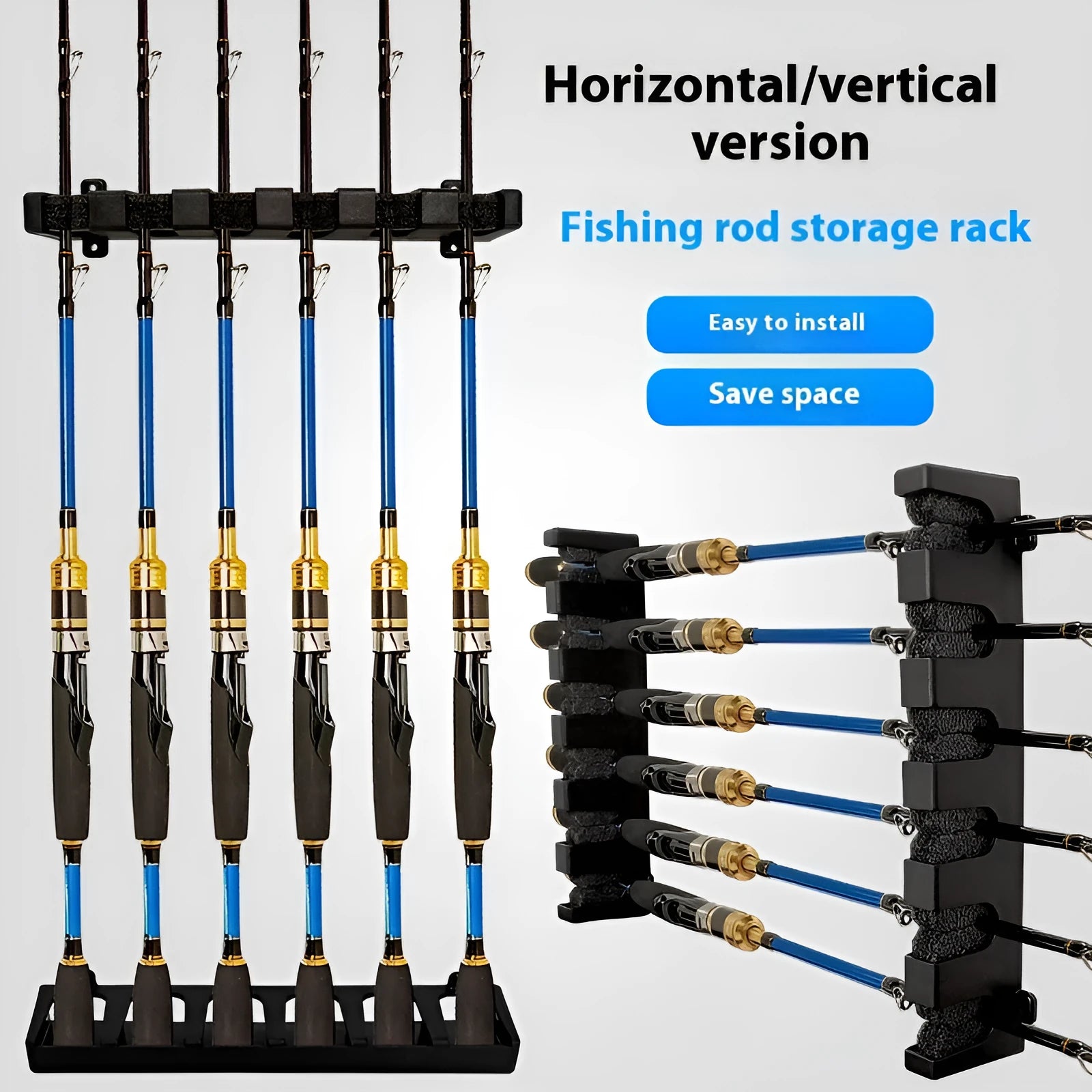 Black wall-mounted fishing rod holder stand in ABS plastic with self-tapping screws for upright or horizontal rod storage