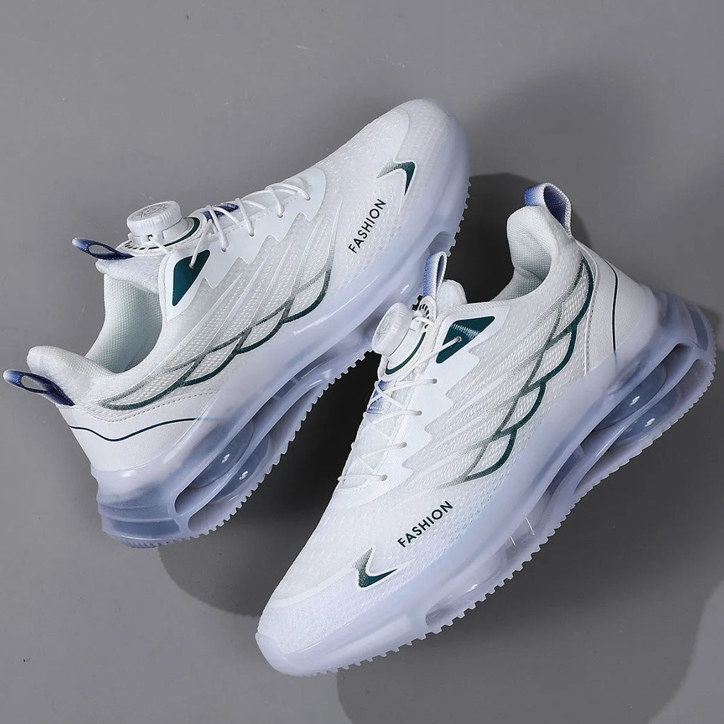White Korean-style casual sneakers with rotating button closure and mesh upper