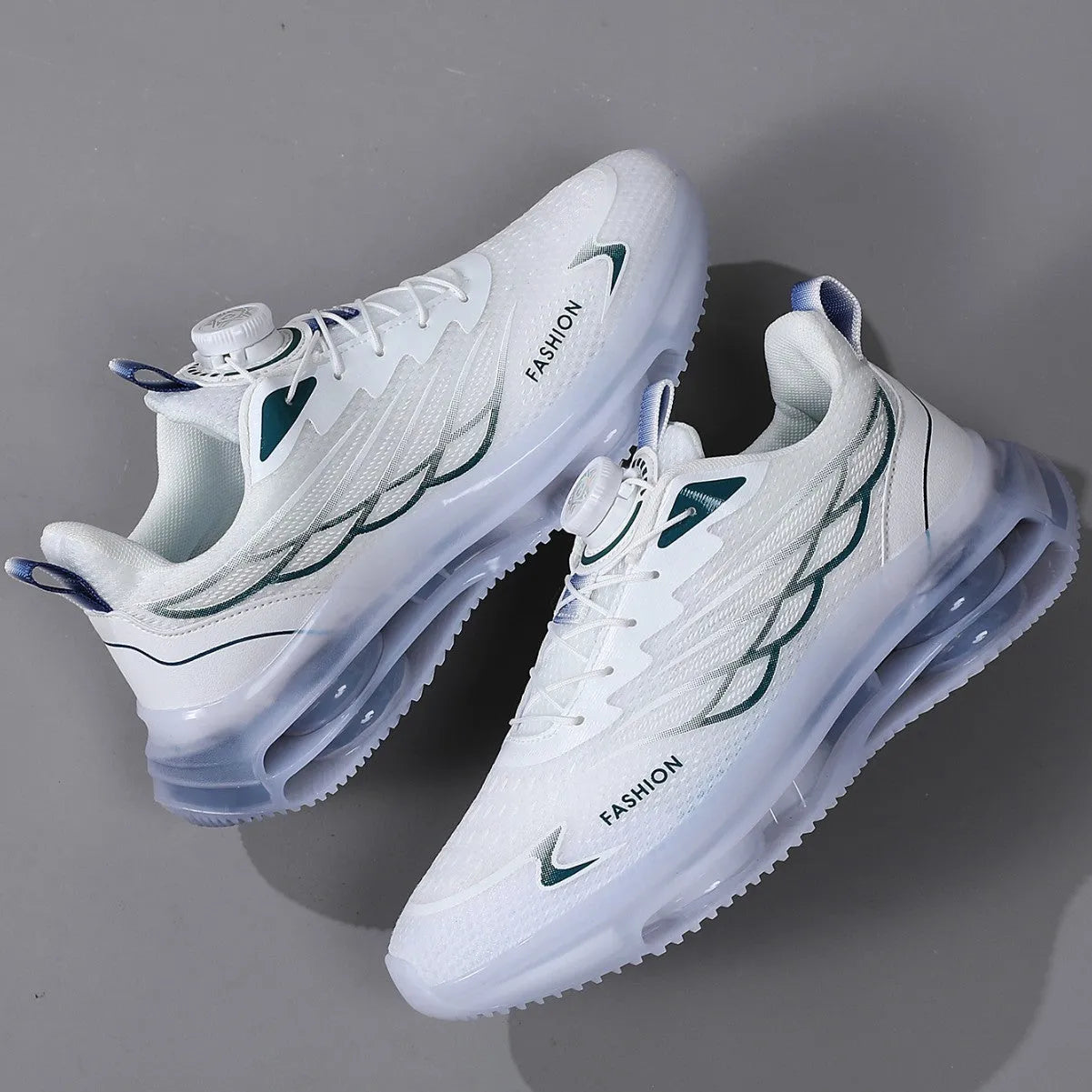 White Korean-style casual sneakers with rotating button closure and mesh upper