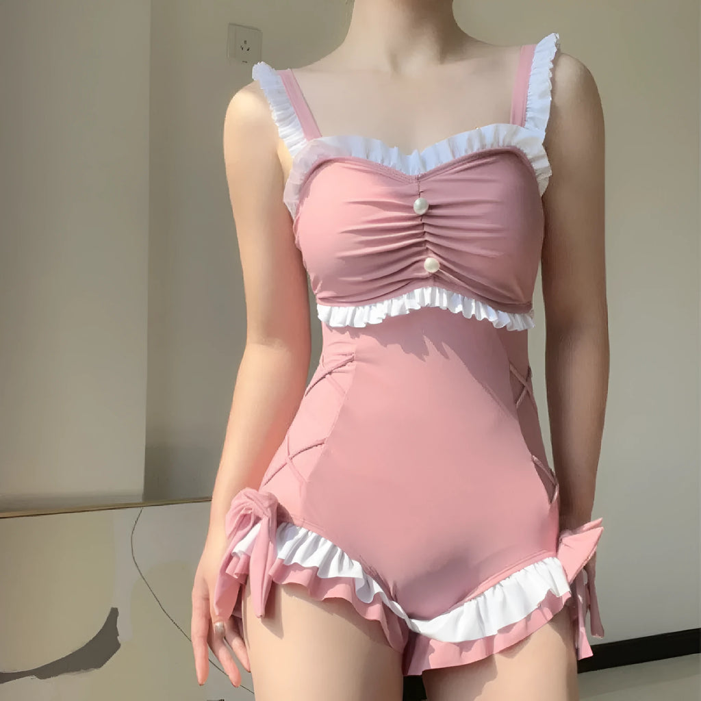 Women's one-piece milk silk swimsuit in solid pink colour with sleeveless design, available in sizes S to XL