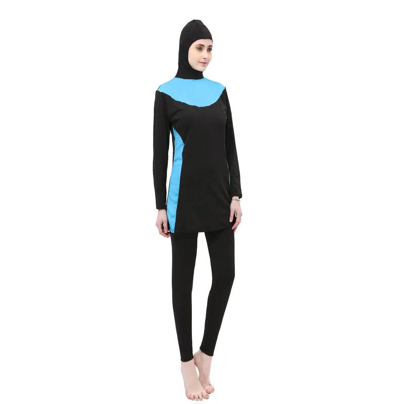 Women's long sleeve hooded swimsuit in black with colour accents for conservative swimming