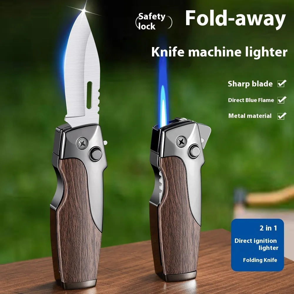 Zinc alloy folding lighter tool with integrated pocket knife blade, shown in a selection of wood grain and carbon fibre finishes.