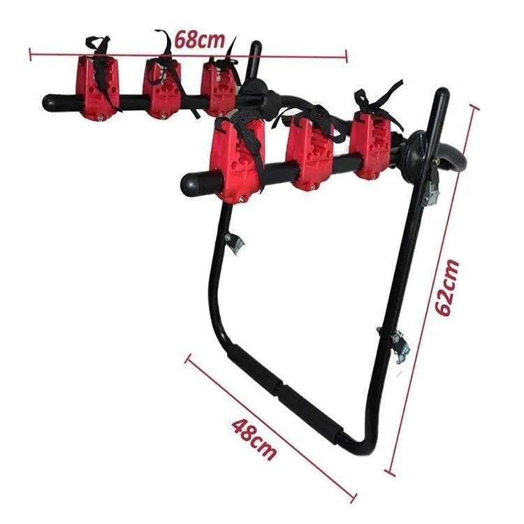 Black and red trunk-mounted car bike holder rack showing tie rope and pull belt fastening options