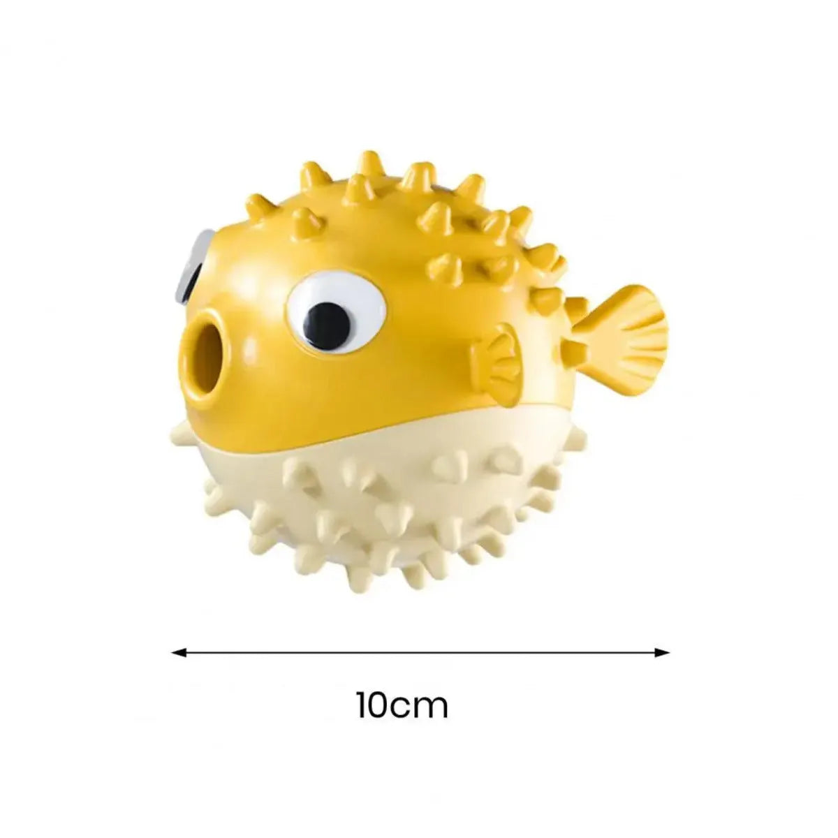 Yellow fish-shaped dog chew toy with textured surface for aggressive chewers
