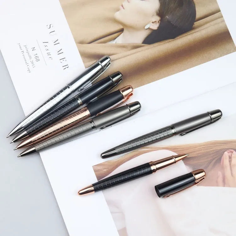 Gun grey metal roller pen with choice of black or blue ink for office use.