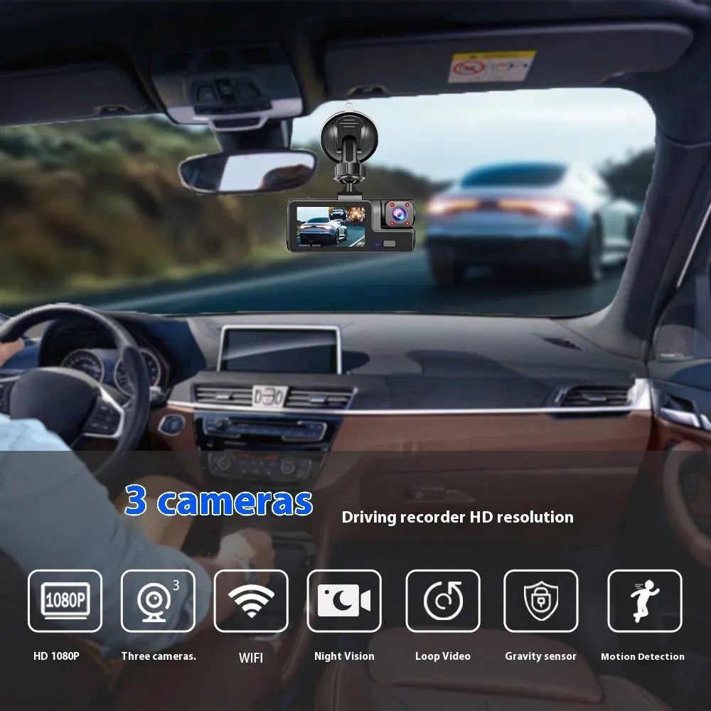 Black car dash cam with a 2-inch screen mounted on a windscreen, showing a rear-view parking image.