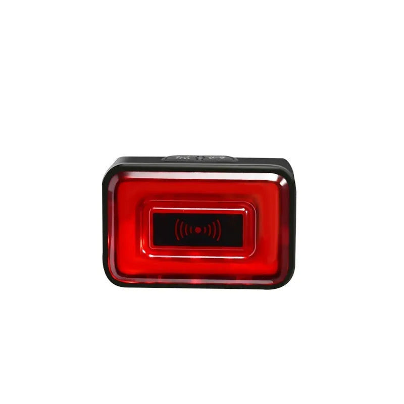 Compact black bicycle radar taillight with double mounting bracket shown from the rear.
