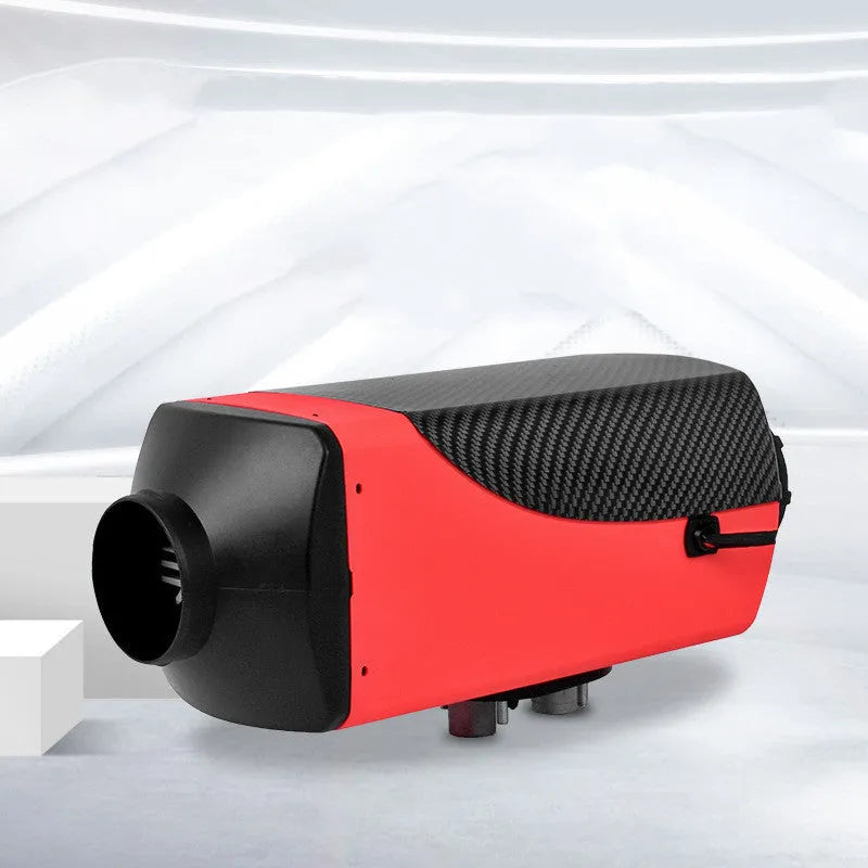 Red and black diesel air heater kit with wiring, pump, tank and installation components for trucks and RVs