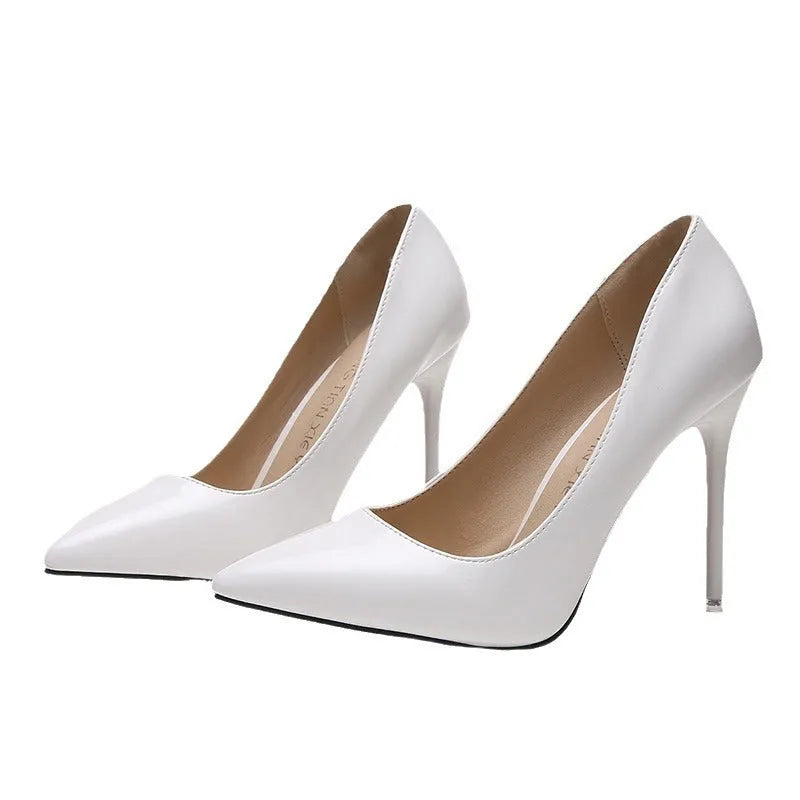 Women's pointed toe stiletto high heel pumps with 8cm+ heels in six colour options