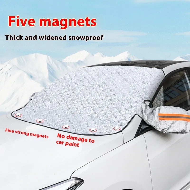 Large luxury SUV front windshield winter cover made of aluminium foil with edge reflective stripes.
