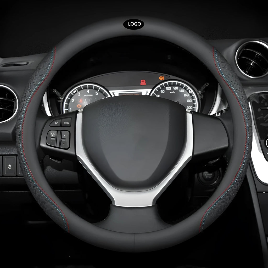 Black two-colour line steering wheel cover for Suzuki vehicles with 38cm diameter and Napa leather texture