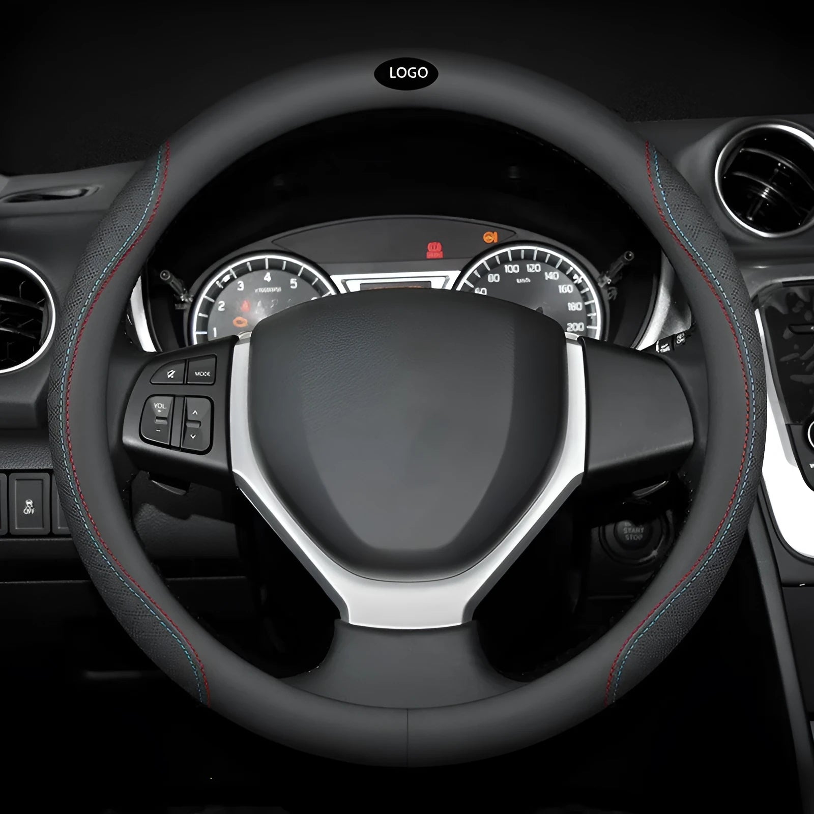 Black two-colour line steering wheel cover for Suzuki vehicles with 38cm diameter and Napa leather texture