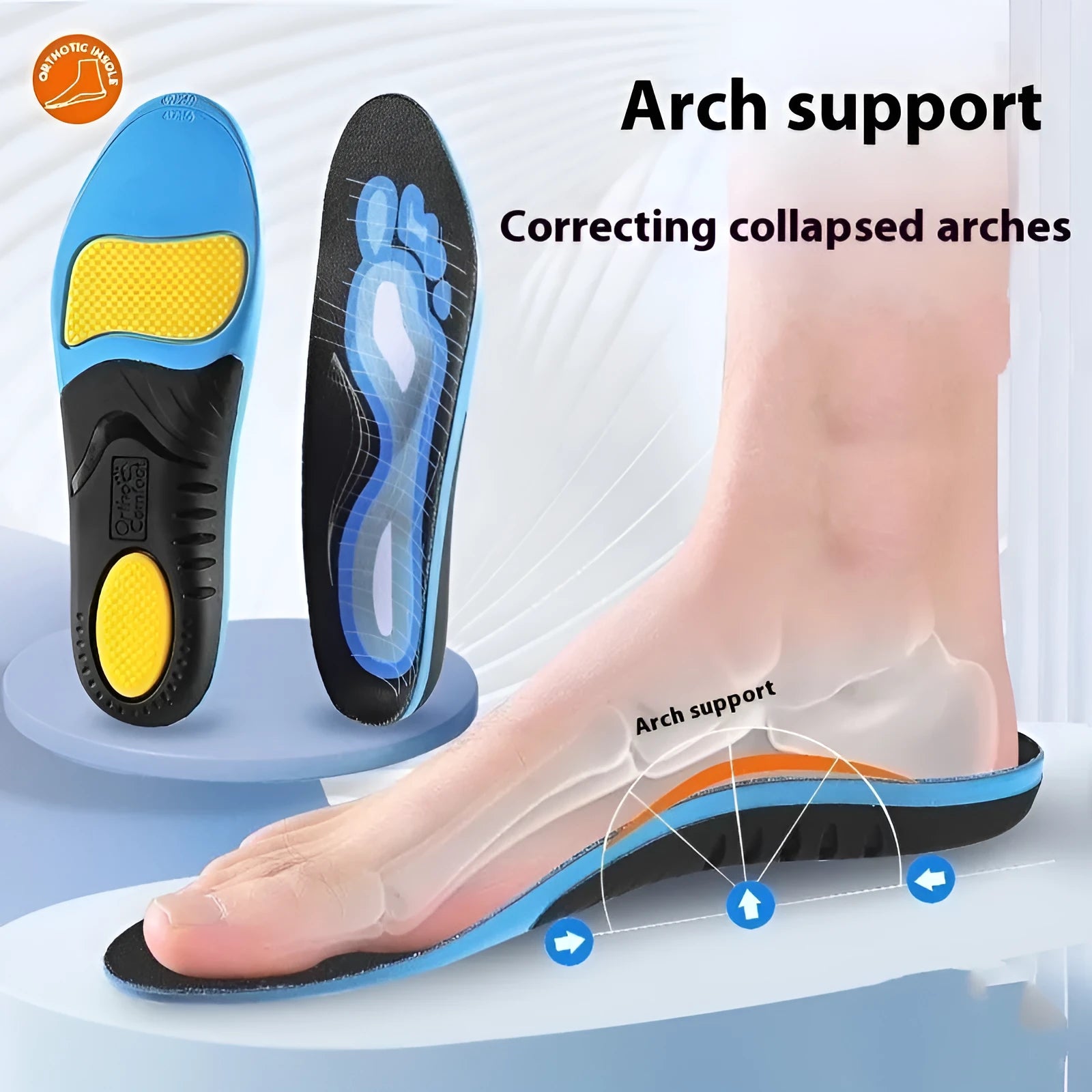 Blue and green flat foot correction PU insoles for arch support, shown in universal sizes.
