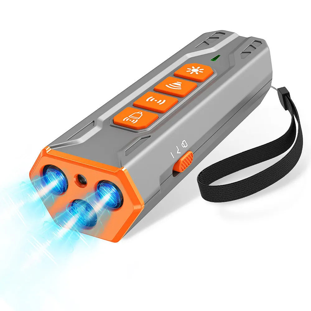 Grey orange and black orange three-head ultrasonic dog trainer for outdoor pet behaviour control.