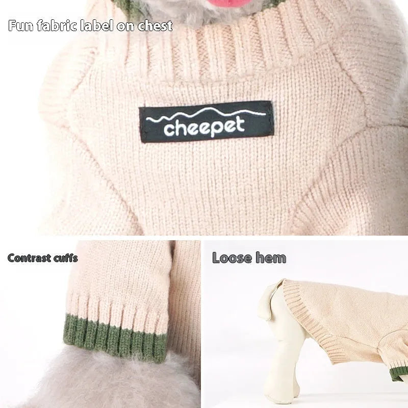 British-style wool pet sweater for dogs with contrasting leg panels in Crown Blue.