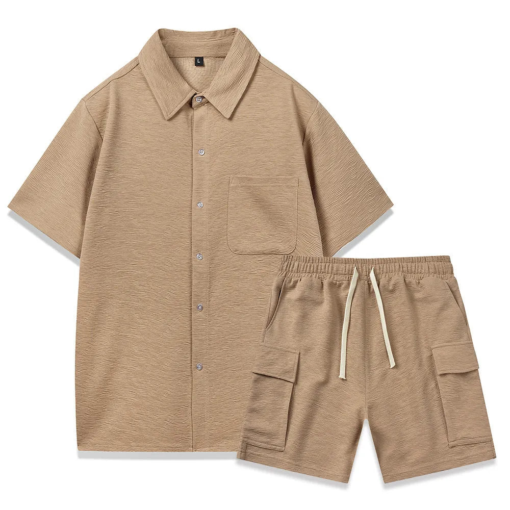 Women's short sleeve top and elastic waist shorts co-ord set in a neutral colour