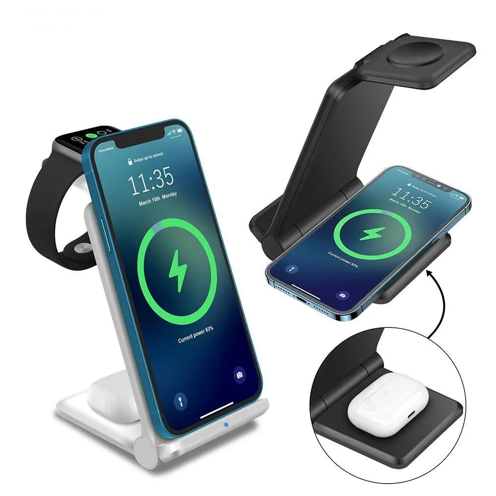 White 3-in-1 foldable wireless charging station dock for phone, AirPods, and Apple Watch on a desk.
