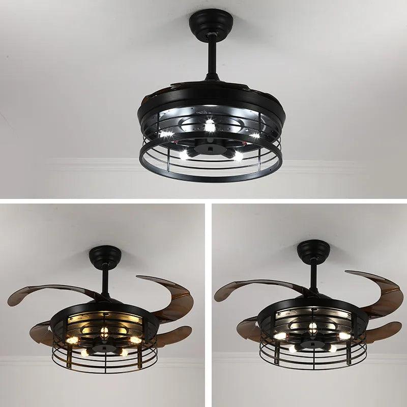 Industrial ceiling fan lamp with integrated lighting and acrylic blades in American retro style
