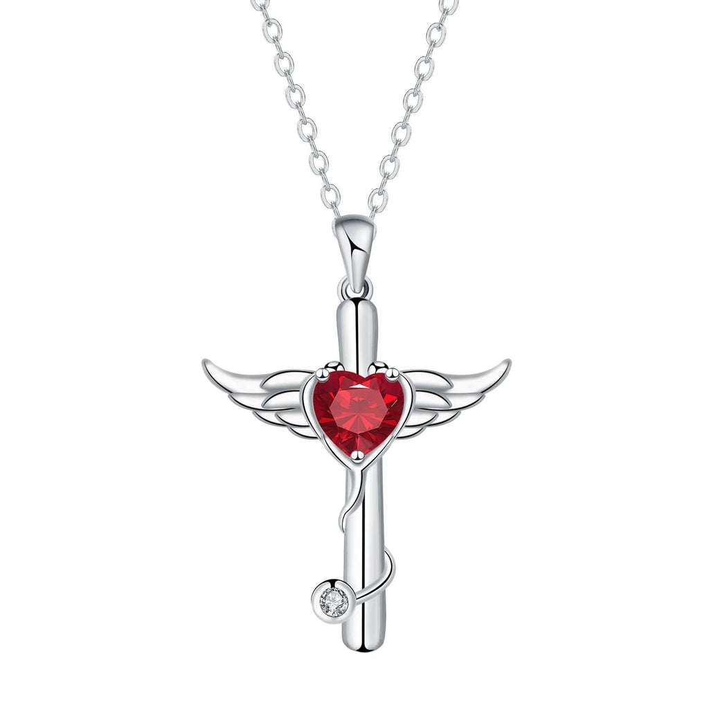 Stethoscope necklace with wings cross pendant on 45cm chain, available in white diamond or red diamond colour options