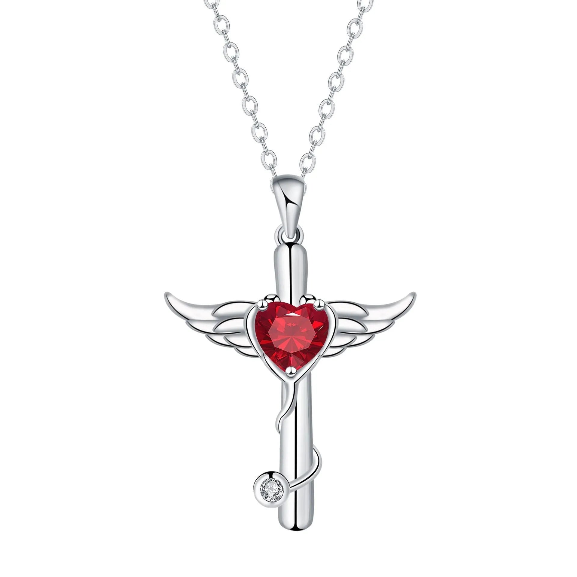 Stethoscope necklace with wings cross pendant on 45cm chain, available in white diamond or red diamond colour options
