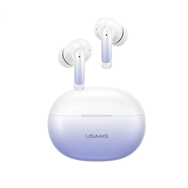 Wireless sports gaming Bluetooth headset in gradient blue colour showing compact in-ear design