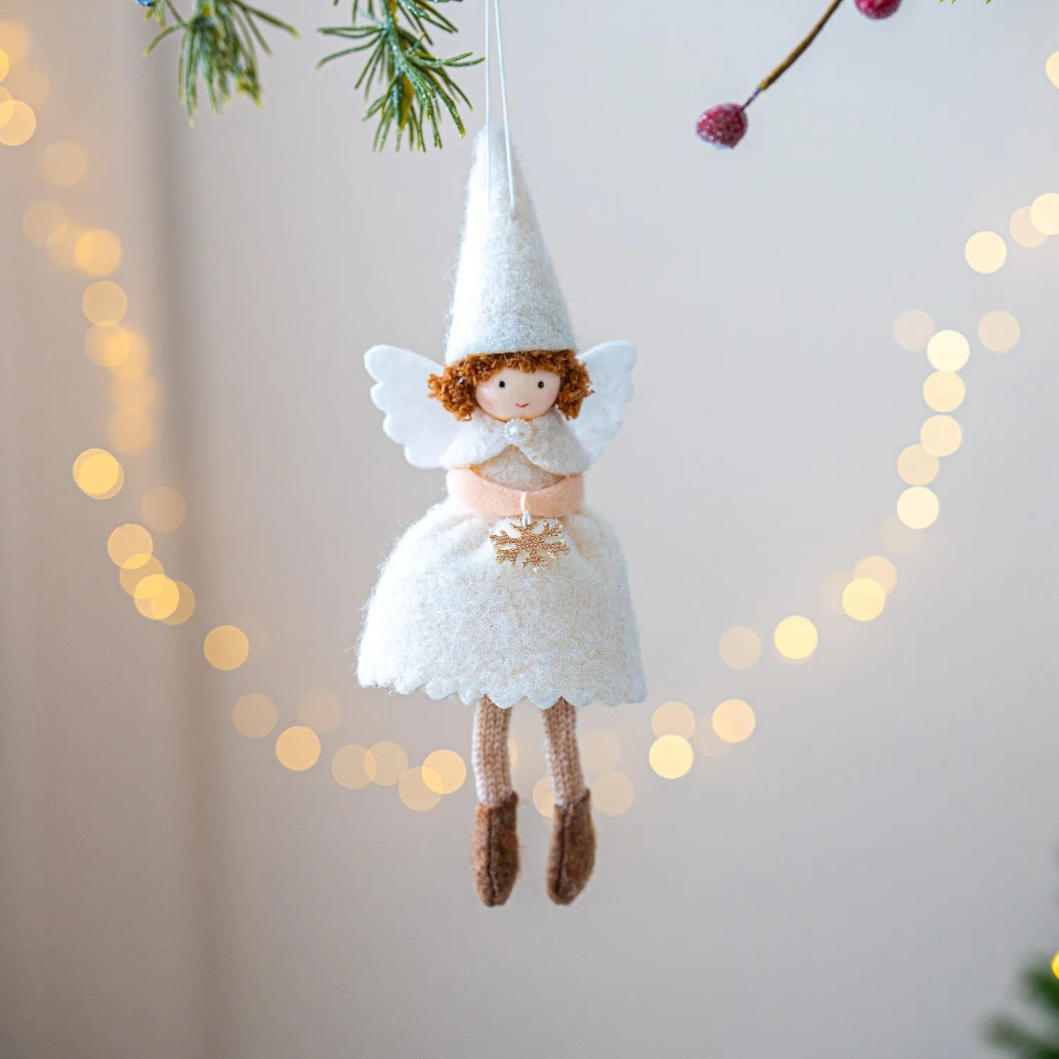 White and pink cloth Christmas angel skirt felt pendant with plush decoration hanging ornament