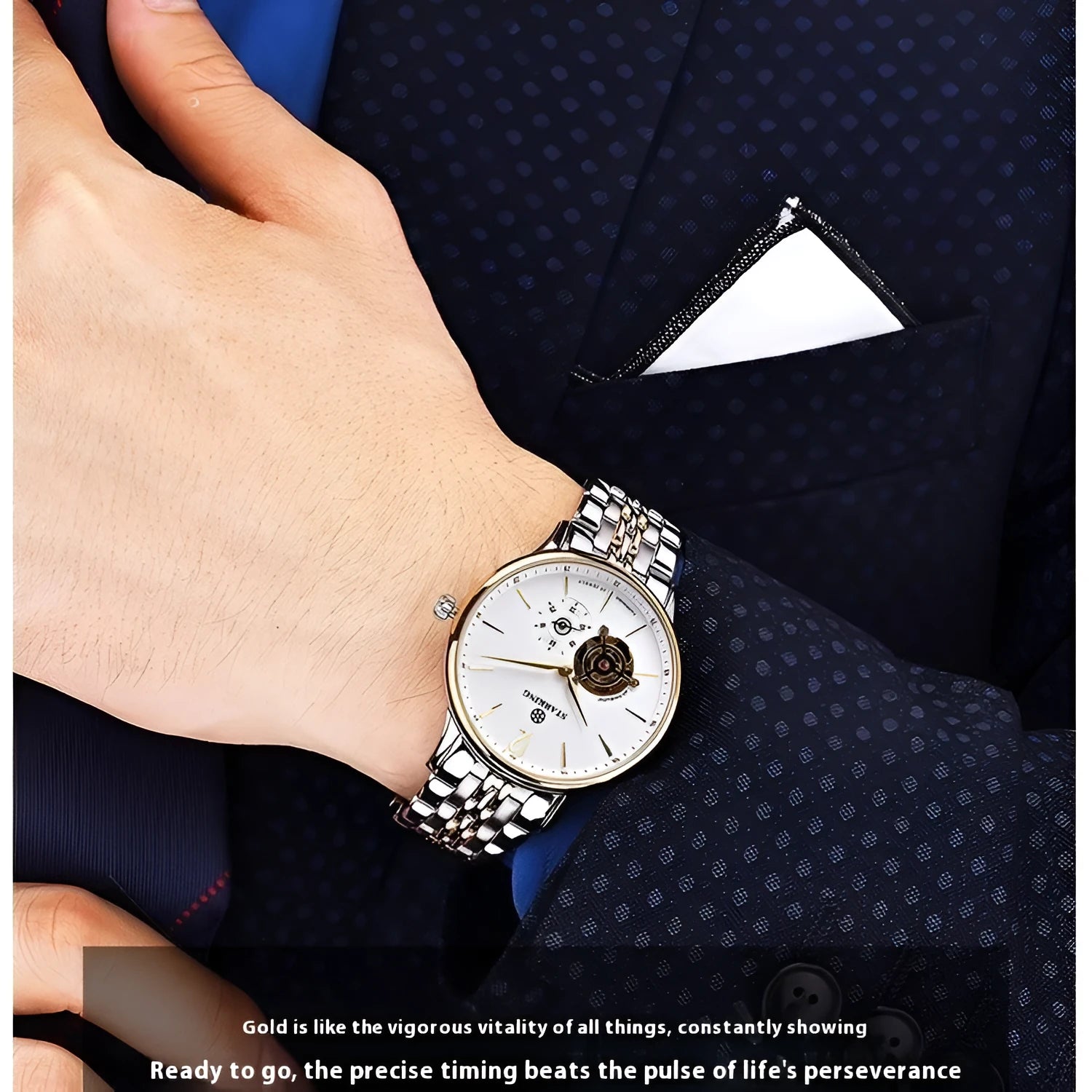 Automatic mechanical men's business watch with hollow three-needle design on brown leather strap