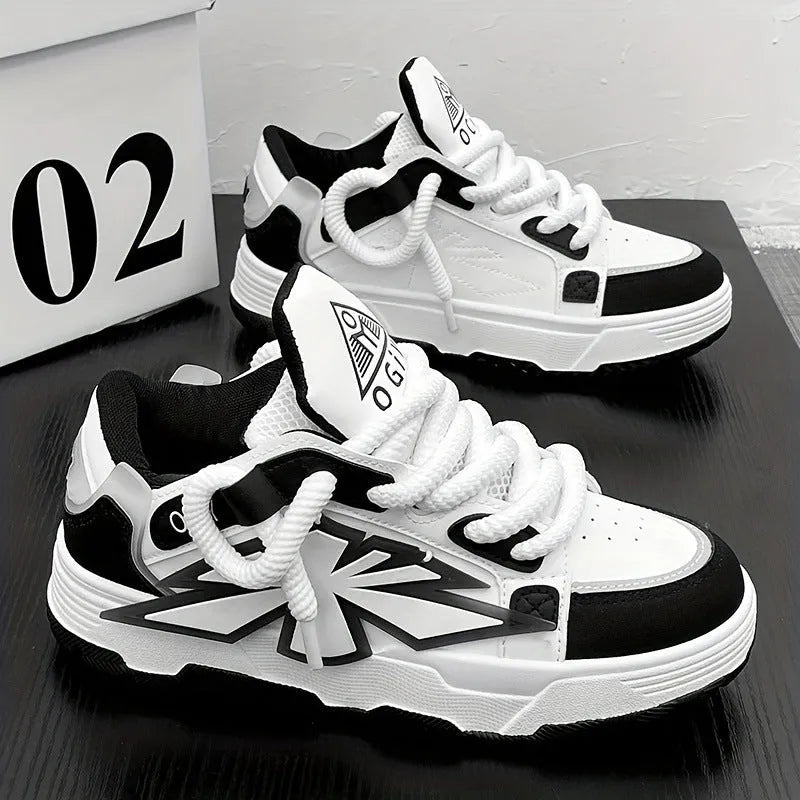 Men's white chunky sneakers with cartoon design, thick rubber sole, and lace-up front.