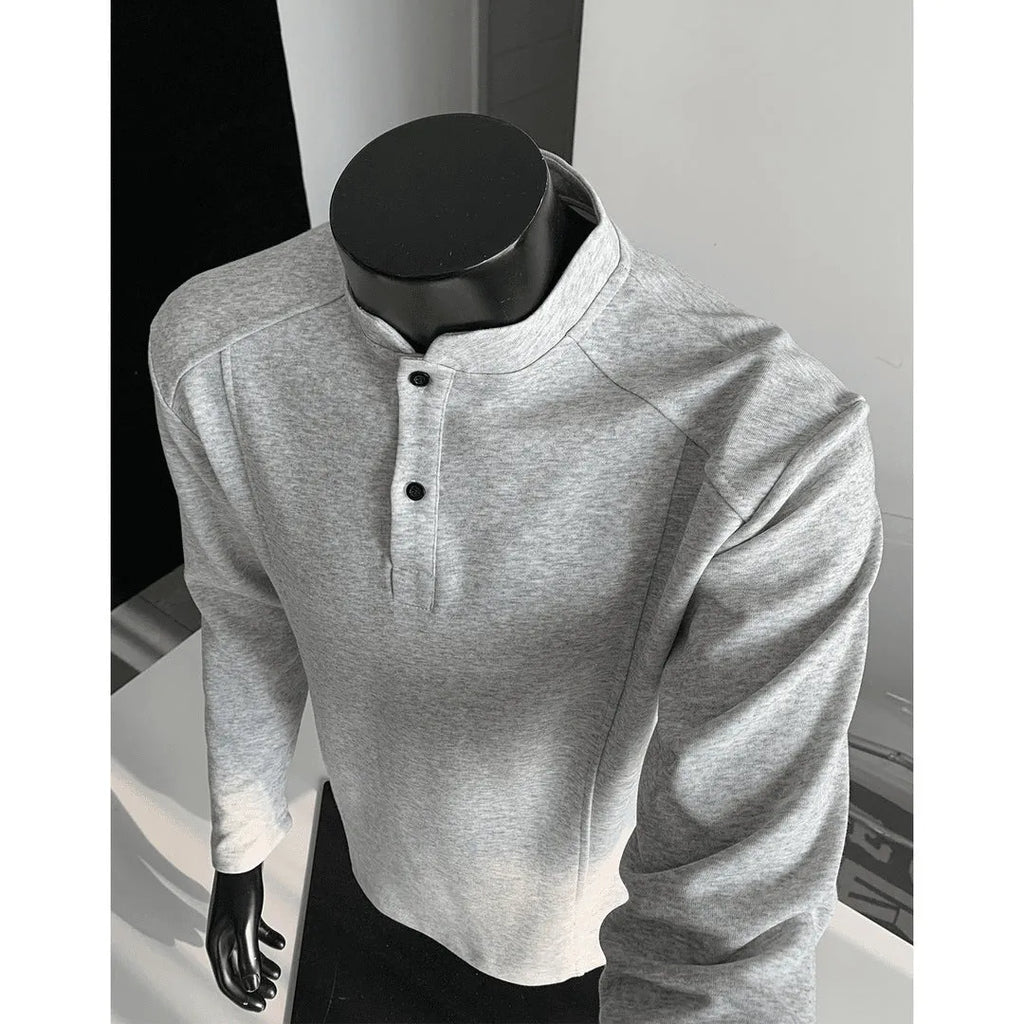Men's loose fit polo shirt with asymmetric design and patchwork collar in Chinese cotton