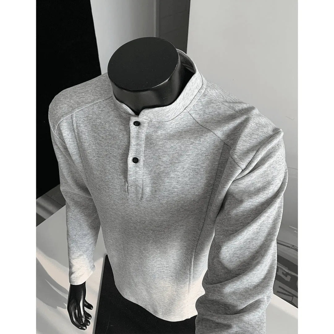 Men's loose fit polo shirt with asymmetric design and patchwork collar in Chinese cotton